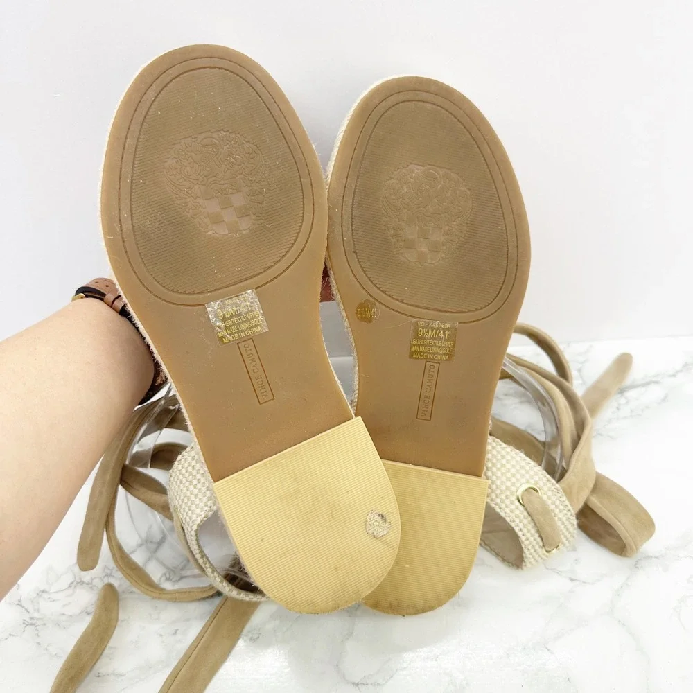 Vince Camuto Kastela Sandals Womens 9.5 Tan Good‎ Braided Wrap Ankle Tie Flat